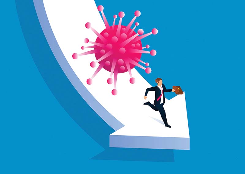 Экономические риски New coronavirus pneumonia covid-19 catches up with businessman on falling arrow, global virus pneumonia epidemic leads to economic downturn