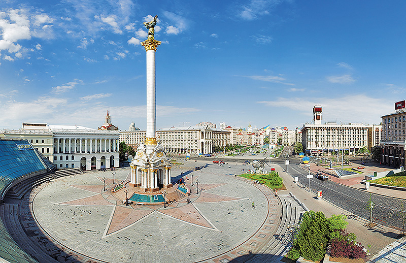Independence Square with monument to Berehynia in Kyiv, Ukraine