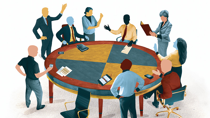 Business people arguing in meeting around conference room table.